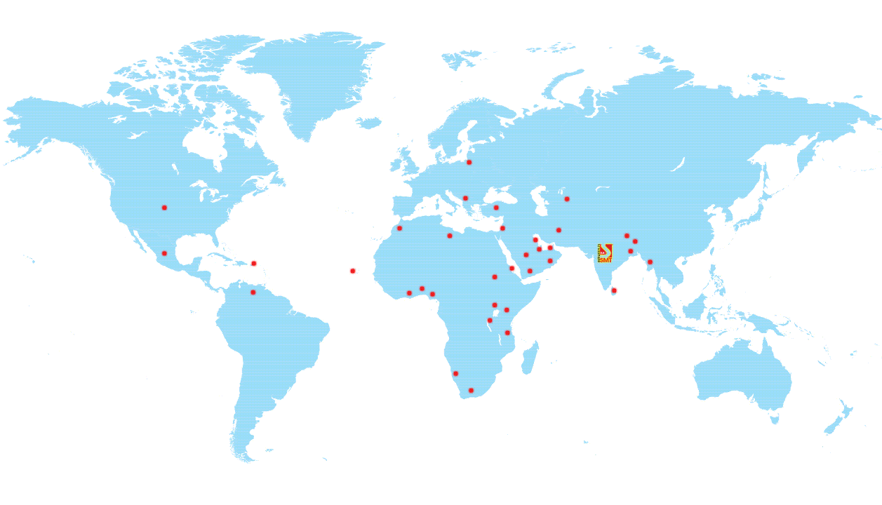 Serving Customers Worldwide – Sai Machine Tools Global Presence World Map GIF Showing Sai Machine Tools Global Presence with 3200+ Extrusion Lines in 40+ Countries