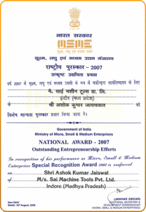MSME Outstanding Entrepreneurship Award Certificate – Sai Machine Tools Pvt. Ltd.