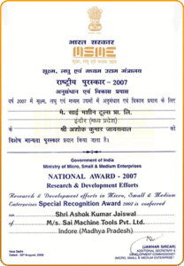 MSME Research & Development Award Certificate – Sai Machine Tools Pvt. Ltd.
