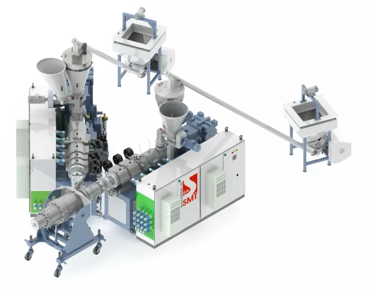 Twin screw extruder by Sai Machine Tools used in 3-layer rigid PVC foam core pipe extrusion system